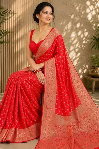 Red women's silk blend  woven design zari silk blend banarasi saree