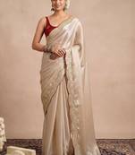 Off white embellished sequinned satin designer saree