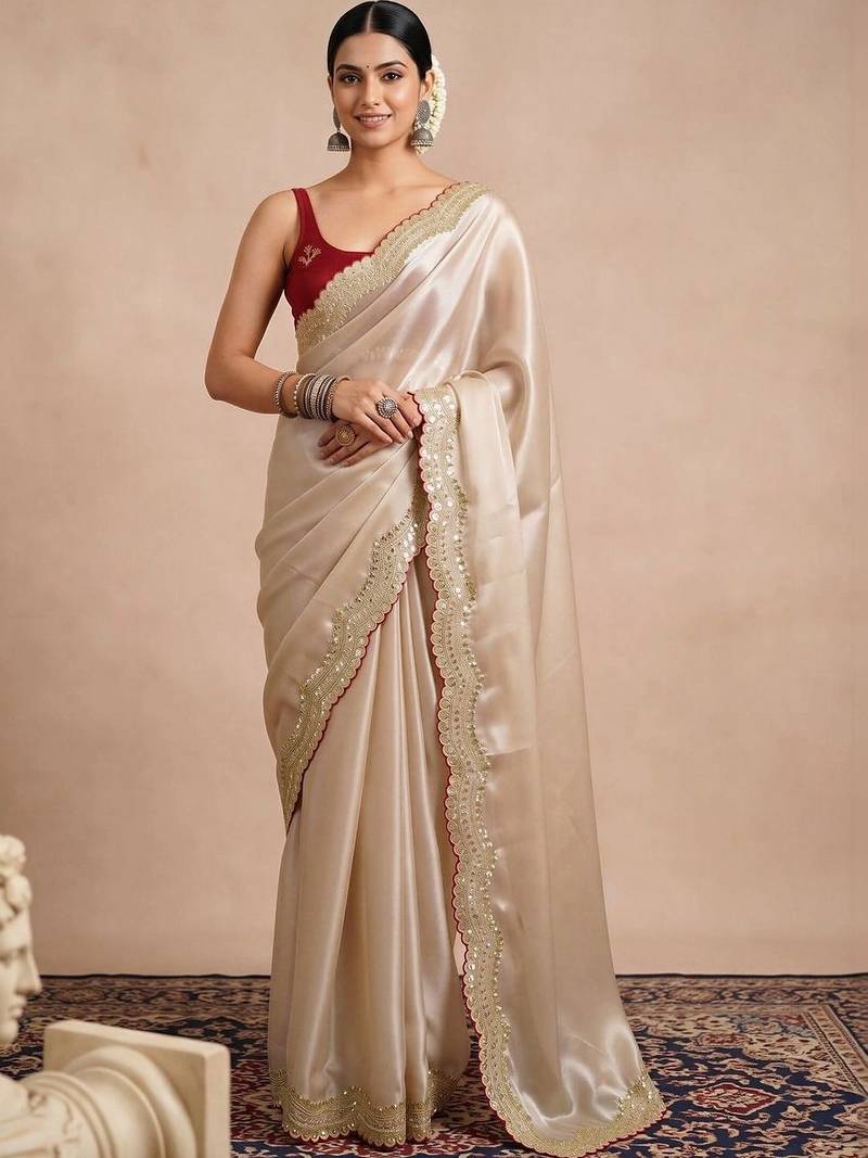 Off white embellished sequinned satin designer saree