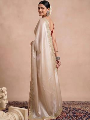 Off white embellished sequinned satin designer saree 2