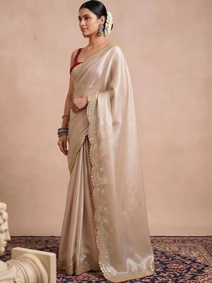 Off white embellished sequinned satin designer saree 3