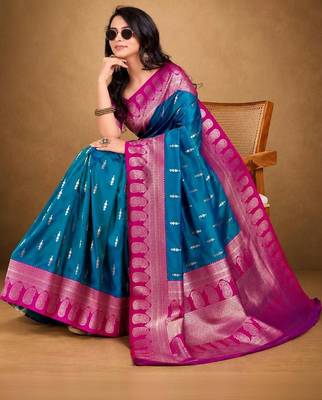 Teal woven design zari silk blend banarasi saree 1