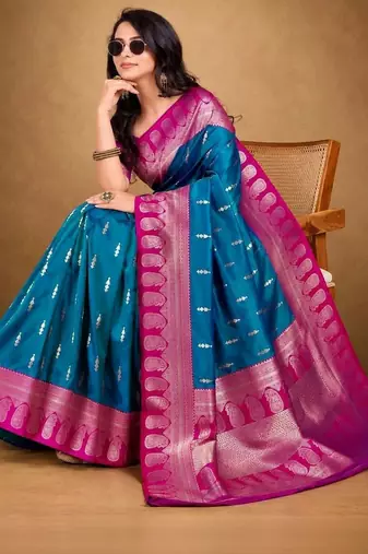 Teal woven design zari silk blend banarasi saree