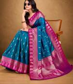 Teal woven design zari silk blend banarasi saree