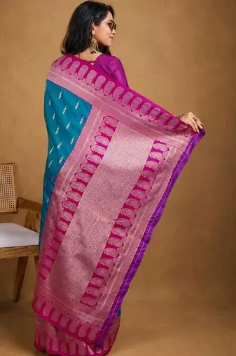 Teal woven design zari silk blend banarasi saree