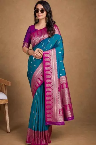 Teal woven design zari silk blend banarasi saree