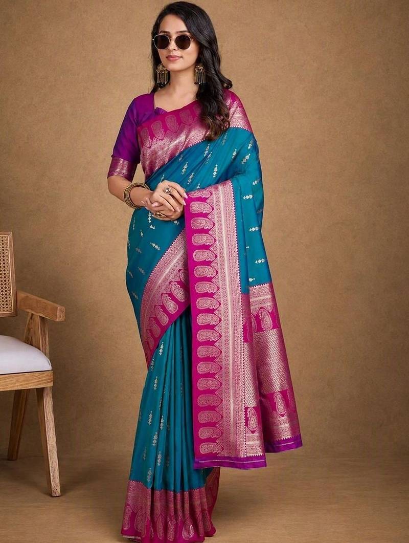Teal woven design zari silk blend banarasi saree