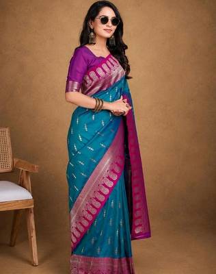 Teal woven design zari silk blend banarasi saree 5