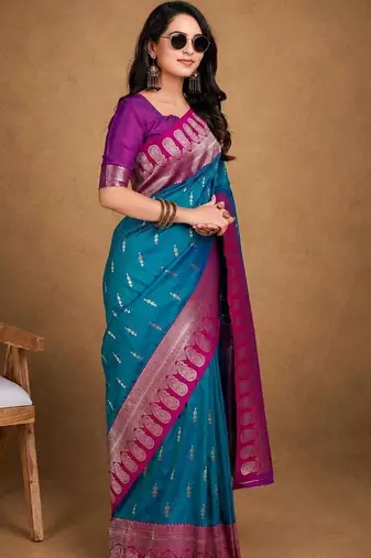 Teal woven design zari silk blend banarasi saree