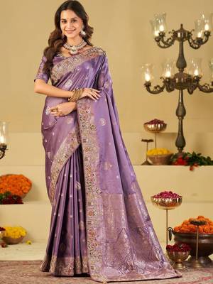 Purple embellished embroidered silk blend heavy work banarasi saree 1