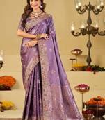 Purple embellished embroidered silk blend heavy work banarasi saree