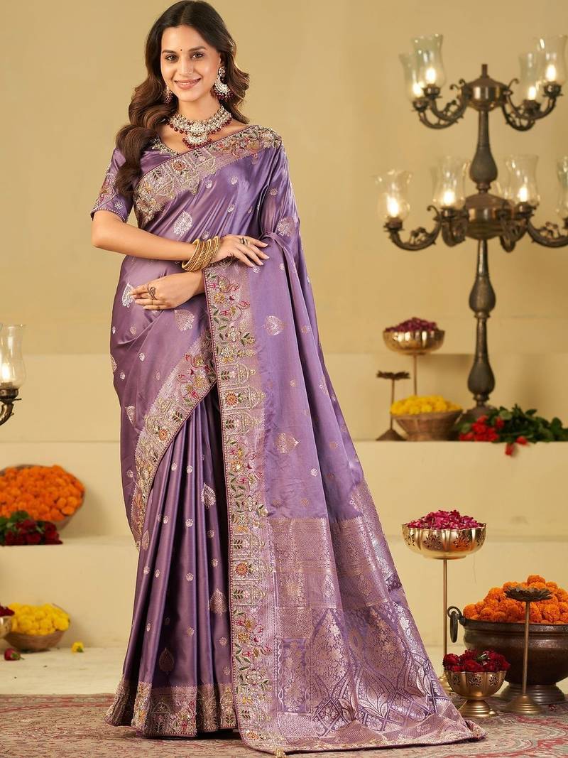 Purple embellished embroidered silk blend heavy work banarasi saree