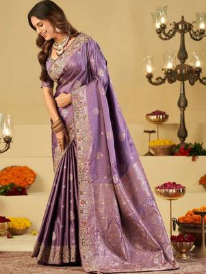 Purple embellished embroidered silk blend heavy work banarasi saree 2