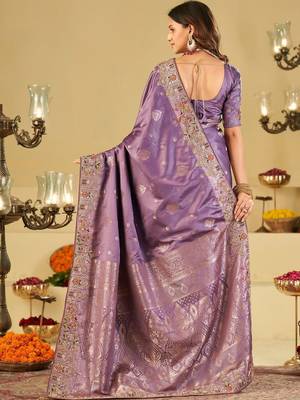 Purple embellished embroidered silk blend heavy work banarasi saree 3