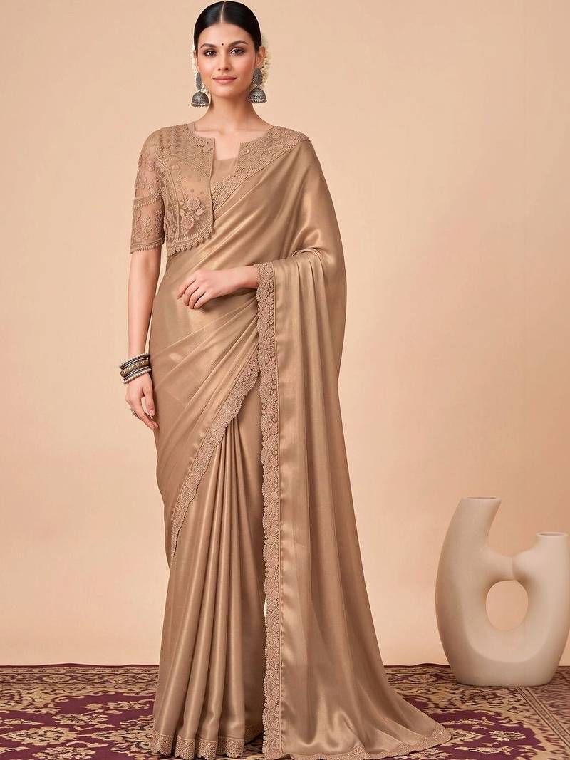Gold embellished embroidered poly georgette designer saree