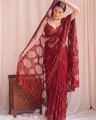 Maroon sequinned net designer saree 1