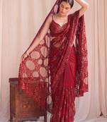 Maroon sequinned net designer saree