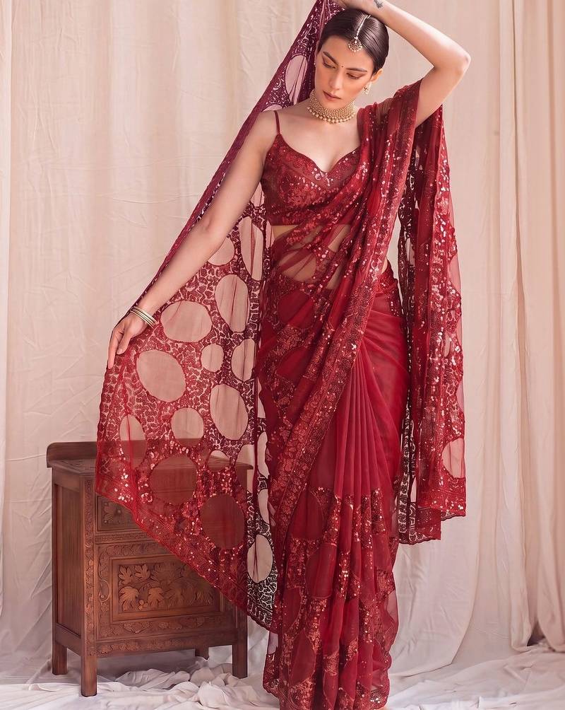 Maroon sequinned net designer saree