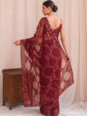 Maroon sequinned net designer saree 2