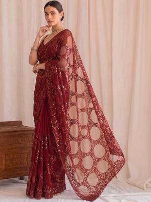 Maroon sequinned net designer saree 3