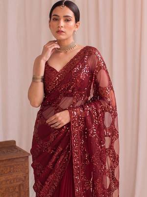 Maroon sequinned net designer saree 4