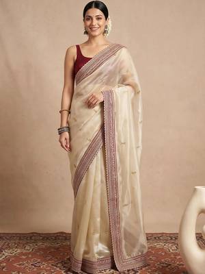 Cream embellished embroidered organza designer saree 1