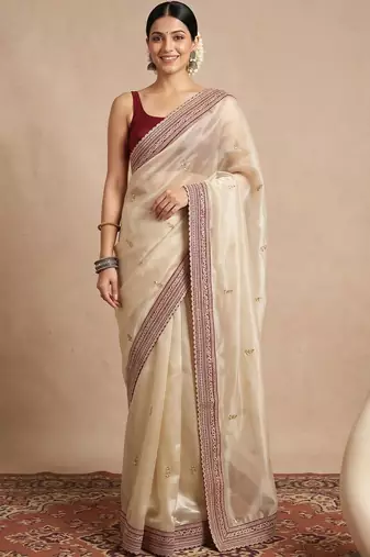 Cream embellished embroidered organza designer saree