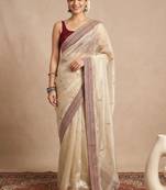 Cream embellished embroidered organza designer saree
