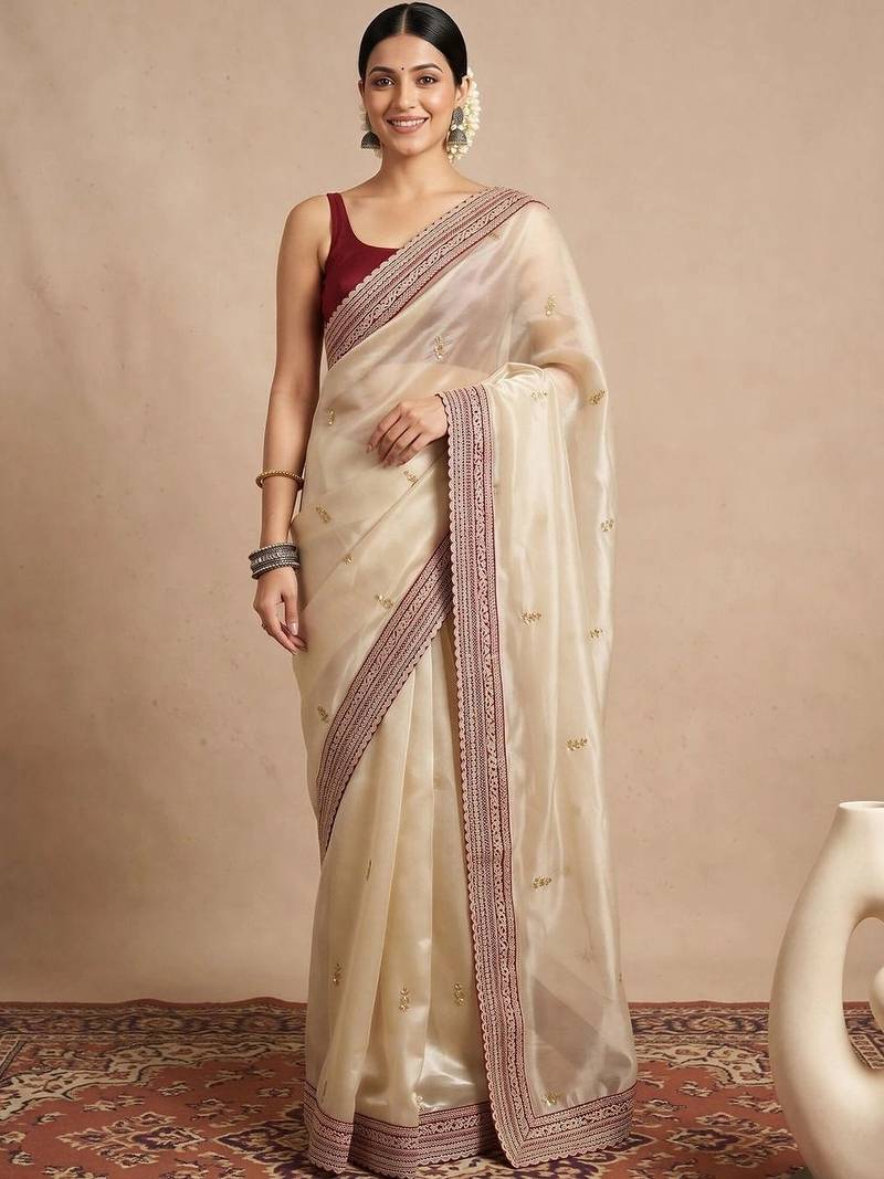 Cream embellished embroidered organza designer saree