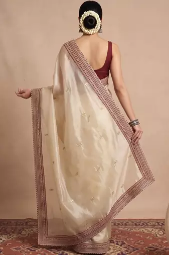 Cream embellished embroidered organza designer saree