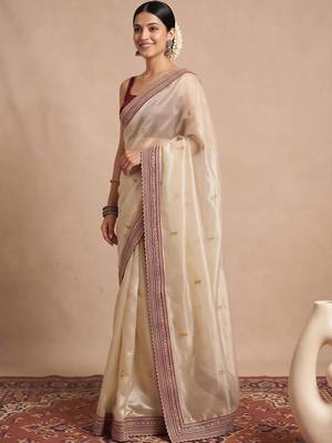 Cream embellished embroidered organza designer saree 3