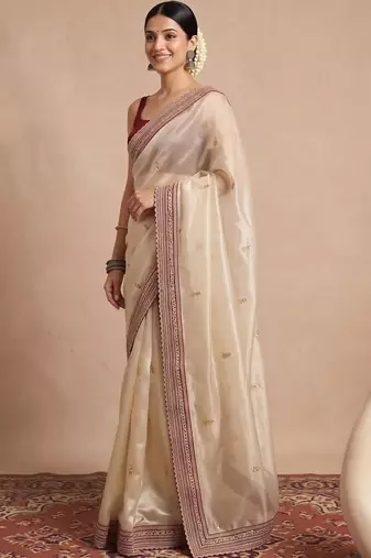 Cream embellished embroidered organza designer saree