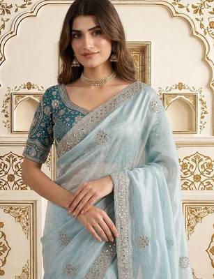 Blue embellished embroidered satin saree 1