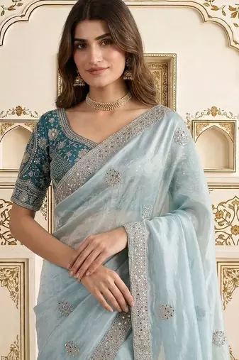 Blue embellished embroidered satin saree