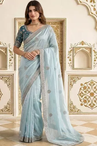 Blue embellished embroidered satin saree