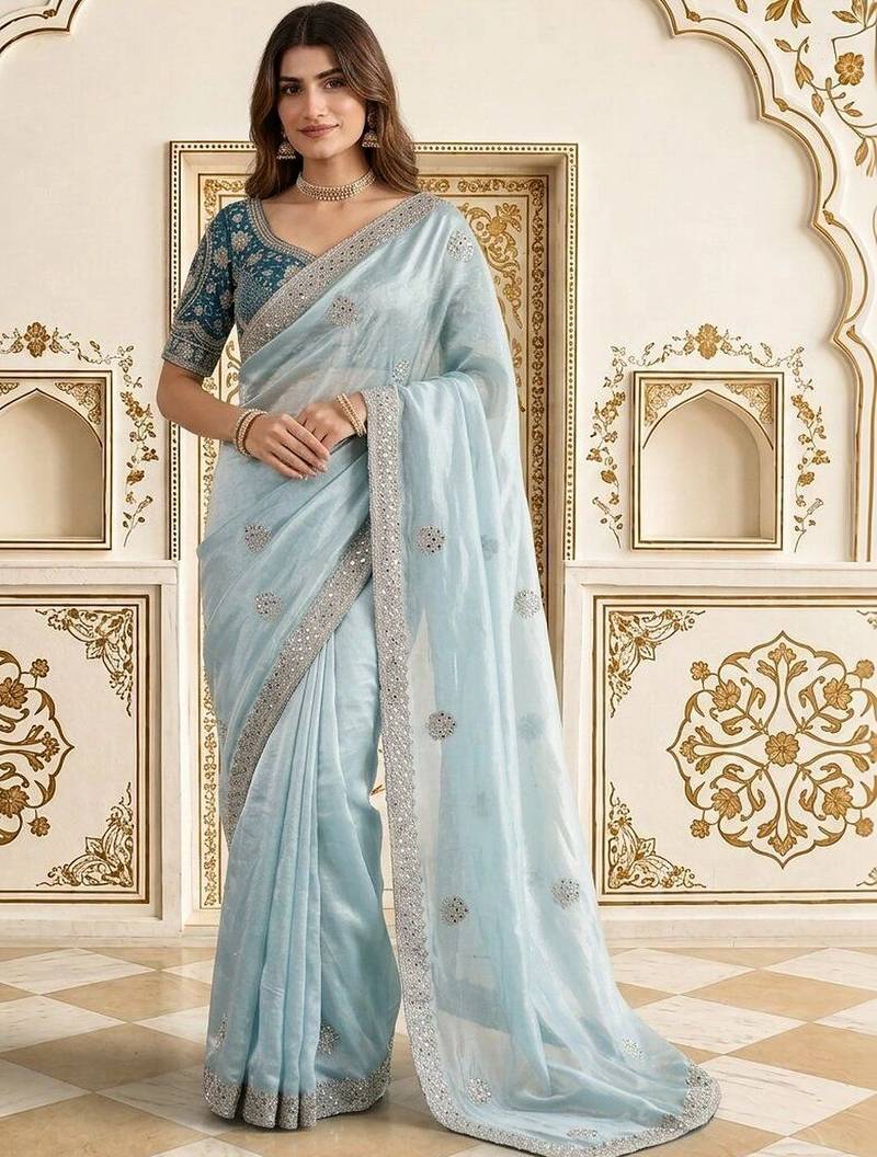 Blue embellished embroidered satin saree