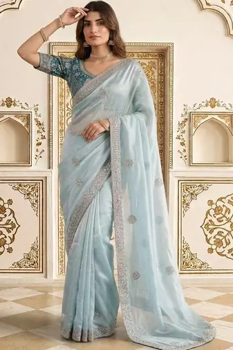 Blue embellished embroidered satin saree