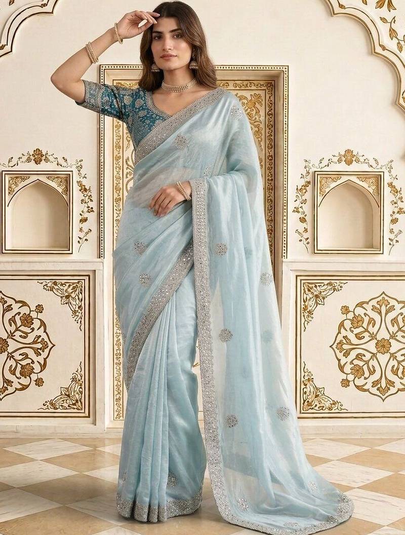 Blue embellished embroidered satin saree
