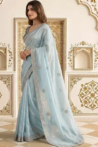 Blue embellished embroidered satin saree