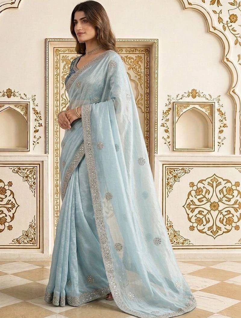 Blue embellished embroidered satin saree
