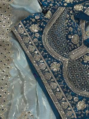 Blue embellished embroidered satin saree 5