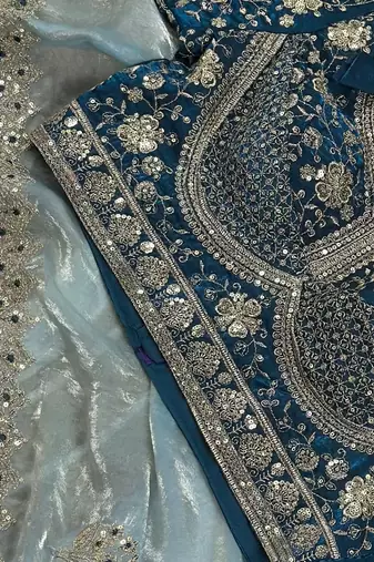 Blue embellished embroidered satin saree