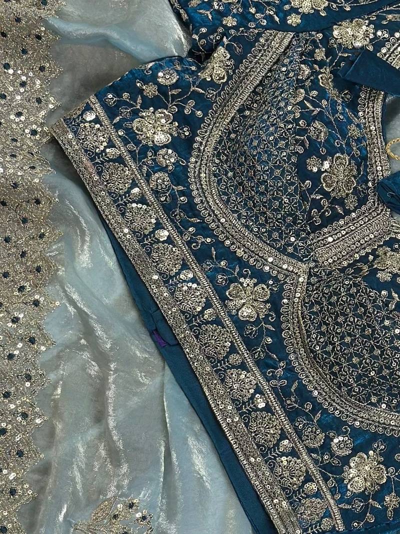Blue embellished embroidered satin saree
