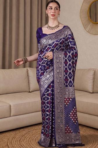 Purple bandhani zari silk blend designer banarasi saree