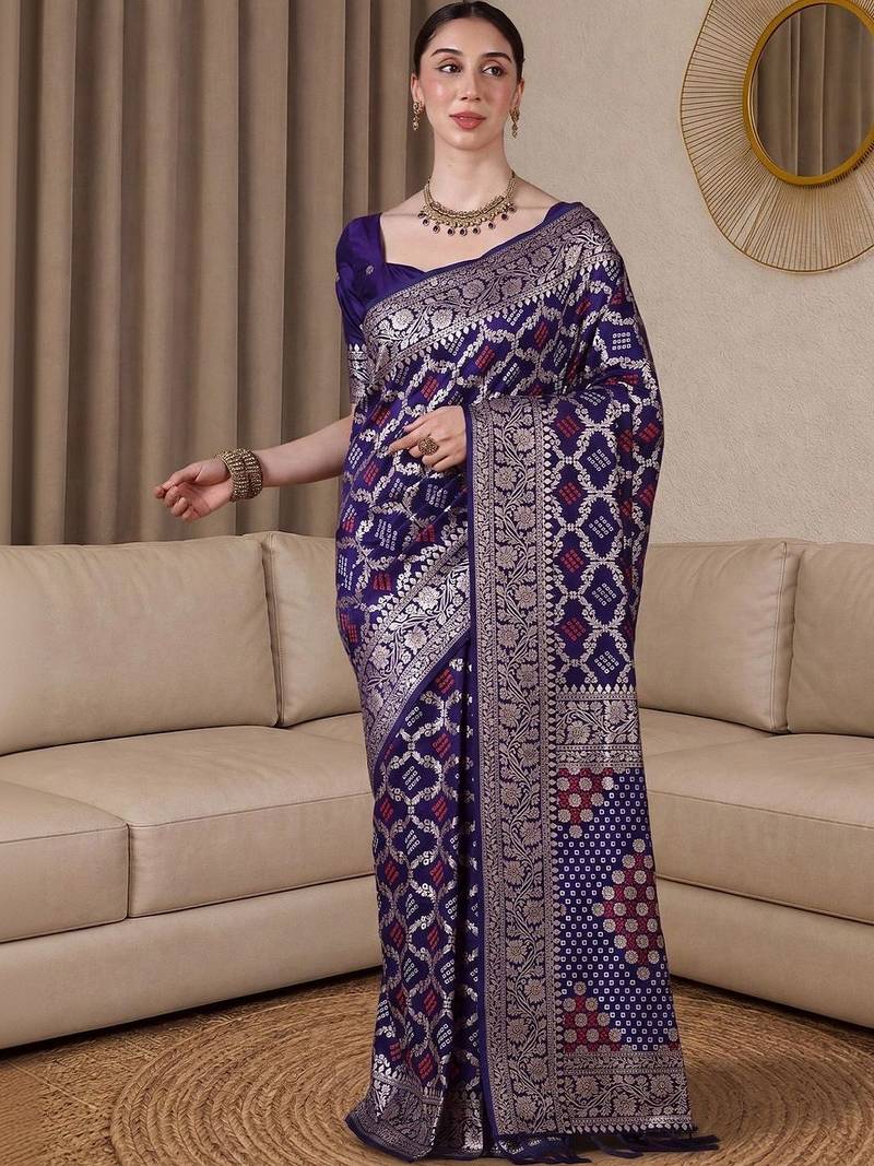 Purple bandhani zari silk blend designer banarasi saree
