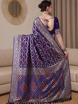 Purple bandhani zari silk blend designer banarasi saree 2
