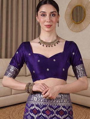Purple bandhani zari silk blend designer banarasi saree 4