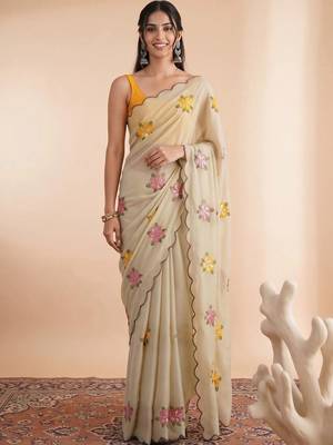 Cream embellished embroidered poly georgette designer saree 1