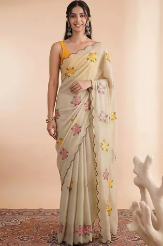 Cream embellished embroidered poly georgette designer saree