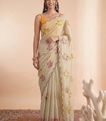 Cream embellished embroidered poly georgette designer saree